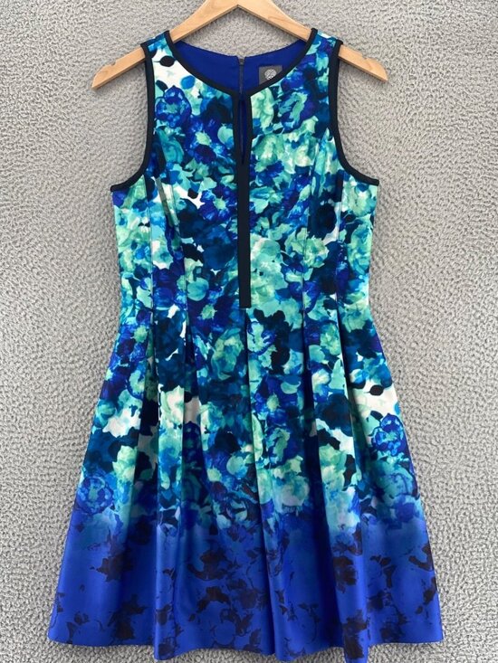 Vince Camuto Dress Womens 14 Blue Green Floral Scuba Fit & Flare Pleated Keyhole - Picture 1 of 10